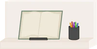 an open book and pencils on a shelf